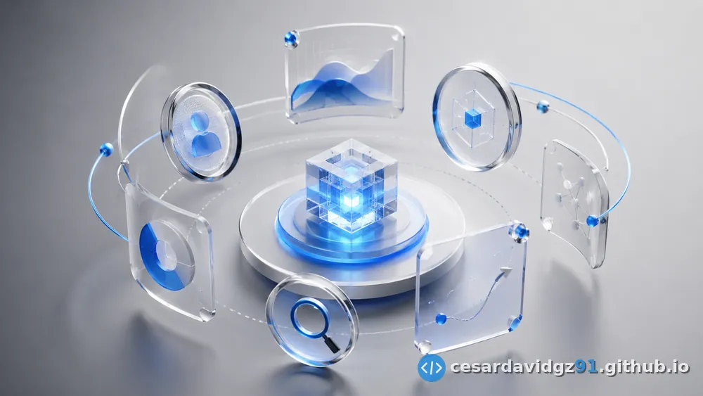 Un núcleo de cristal rodeado de varios paneles flotantes con gráficas, un usuario y una lupa — cada panel como una lente distinta para observar el mismo diseño.
