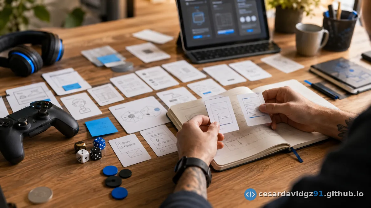 Escritorio con wireframes en papel, un control de videojuego, dados y bocetos en un cuaderno — diseñar como el acto de tomar decisiones antes de abrir una herramienta.