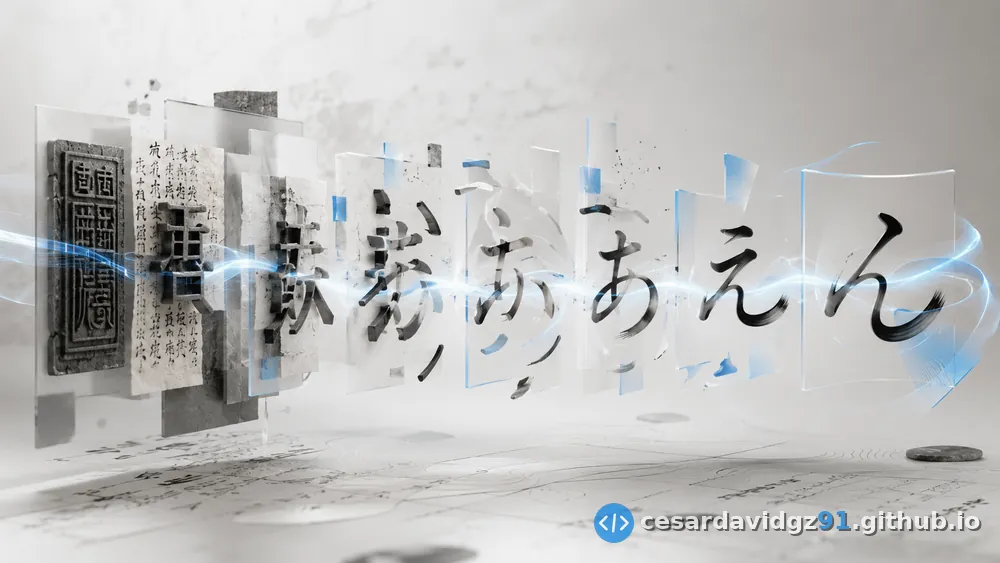 Kanji tallados en piedra y escritos en papel antiguo que se transforman, a través de paneles de cristal, en caracteres hiragana modernos — la evolución del trazo.