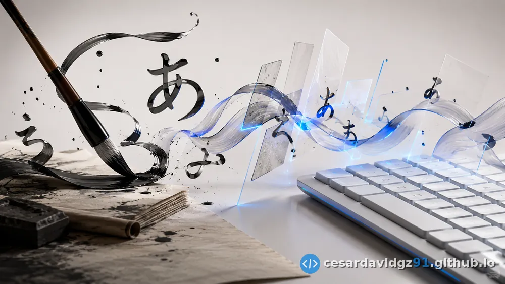 Un pincel de caligrafía traza caracteres hiragana que fluyen en el aire y se convierten en un teclado moderno — de los pinceles de la corte al teclado.