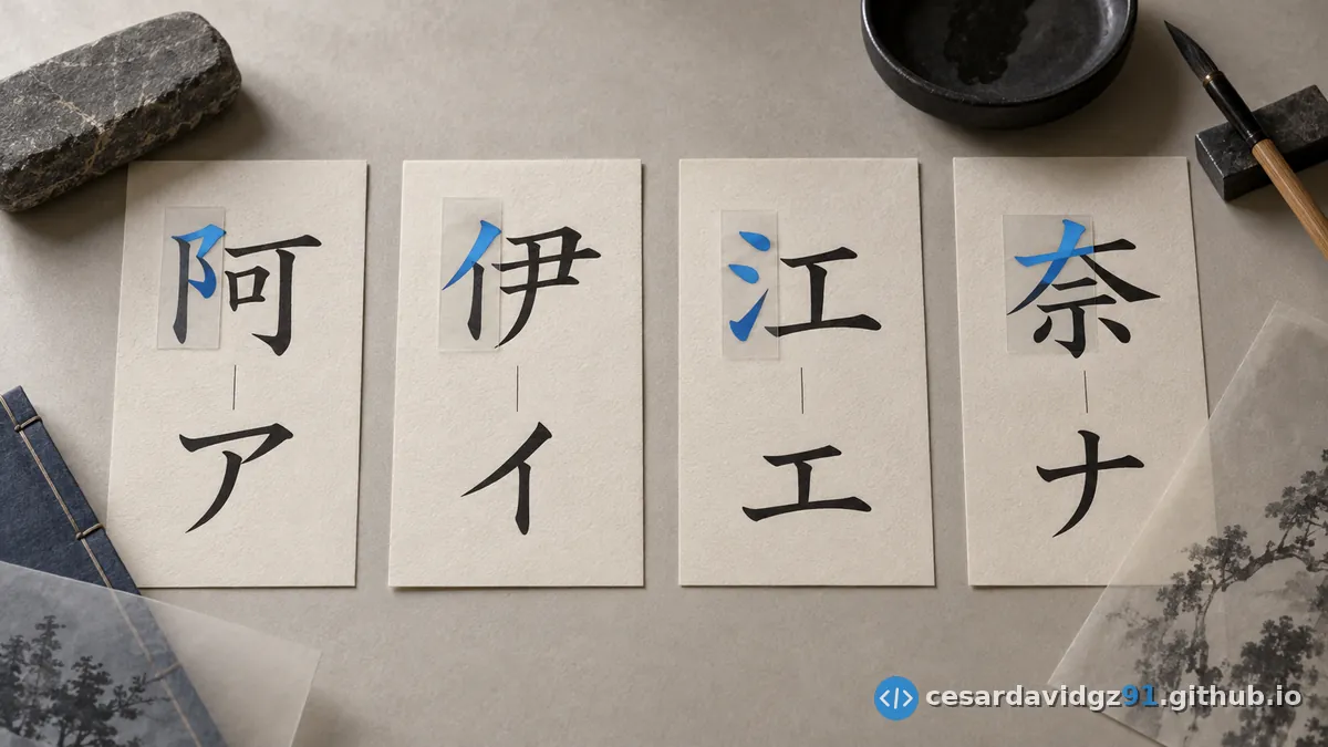 Cuatro tarjetas de caligrafía mostrando la filiación de cuatro katakana: 阿 con ア, 伊 con イ, 江 con エ, y 奈 con ナ, con el fragmento conservado resaltado en azul.