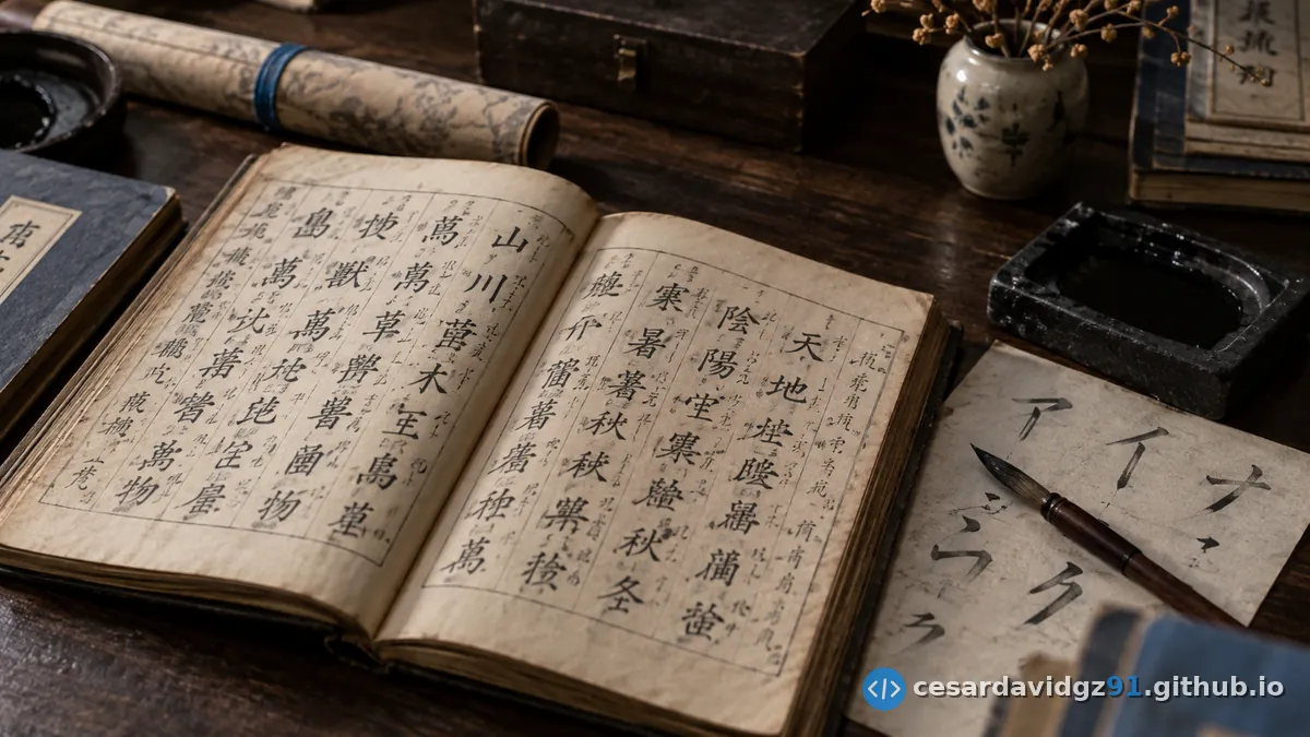Libro antiguo abierto con anotaciones de lectura junto a kanji, sobre un escritorio de madera con tintero, pincel y tarjetas de caligrafía con los caracteres アイウ.