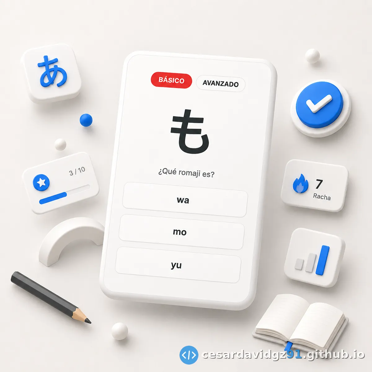 Resultado del quiz de hiragana mostrando puntaje y feedback visual