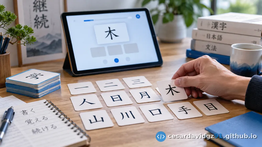 Un escritorio con una tablet mostrando el quiz de kanji (el carácter 木 con tres opciones), tarjetas con kanji del primer grado sobre la mesa y una mano colocando la tarjeta de 木.
