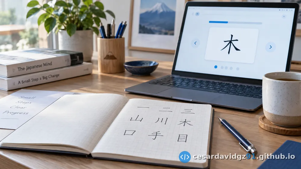 Una laptop mostrando el quiz de kanji con el carácter 木, junto a un cuaderno cuadriculado donde se practican a mano 一, 二, 三, 山, 川, 木, 口, 手 y 目.