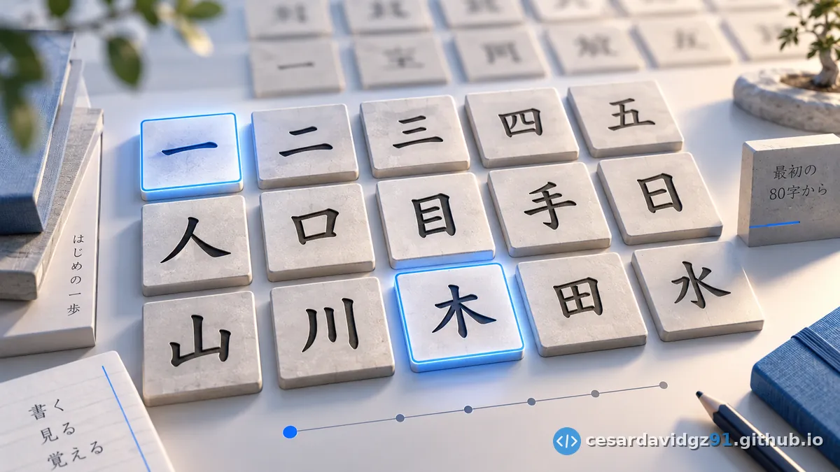 Fichas de piedra con kanji del primer grado (一二三四五, 人口目手日, 山川木田水), dos de ellas resaltadas en azul, sobre una mesa clara junto a un cuaderno y una línea de progreso.