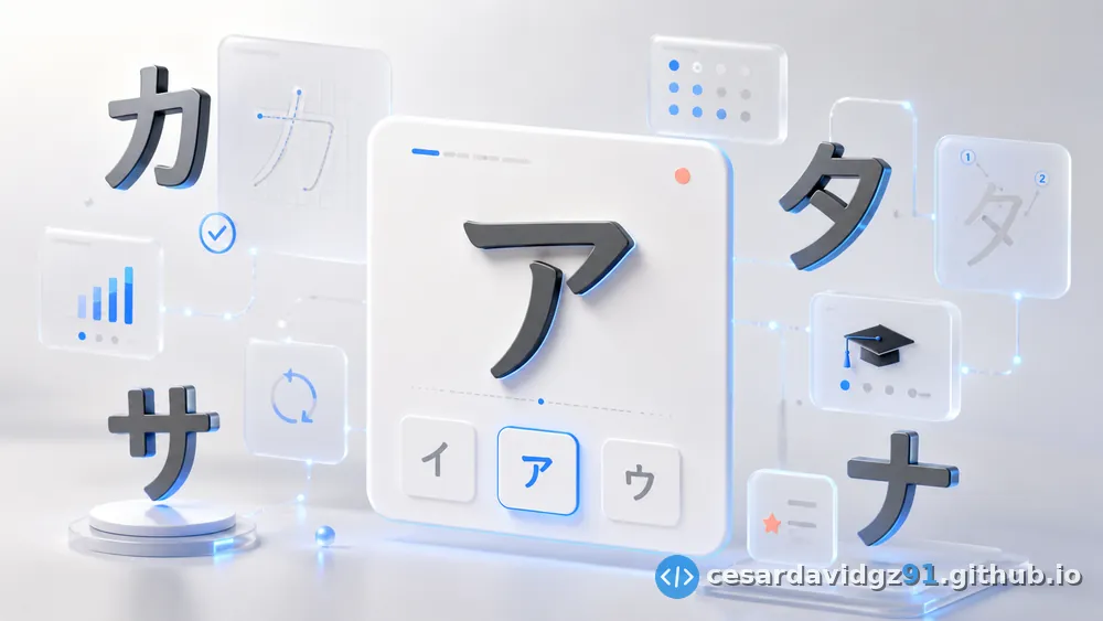 Interfaz estilizada del quiz de katakana mostrando el carácter ア con opciones イ・ア・ウ, rodeada de caracteres カ・サ・タ・ナ e íconos de orden de trazo y progreso.
