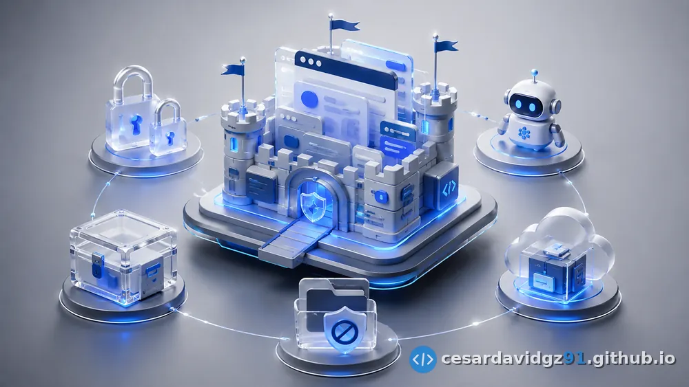 Ilustración 3D de una fortaleza con un escudo en la entrada, rodeada de íconos: candados, un cofre de secretos, un bot vigilante, una nube y una carpeta con señal de veto — la metáfora de los 5 pasos de seguridad.