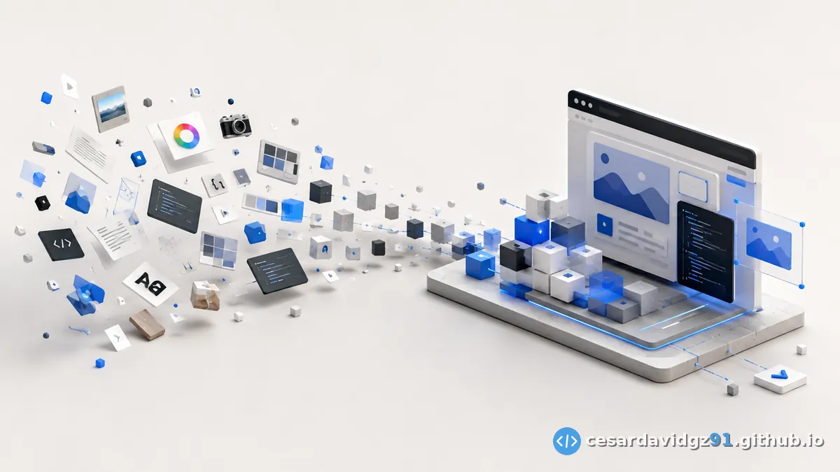 Ilustración 3D de íconos dispersos — cámara, rueda de color, tipografía, código — convergiendo en una pantalla de laptop iluminada en azul.