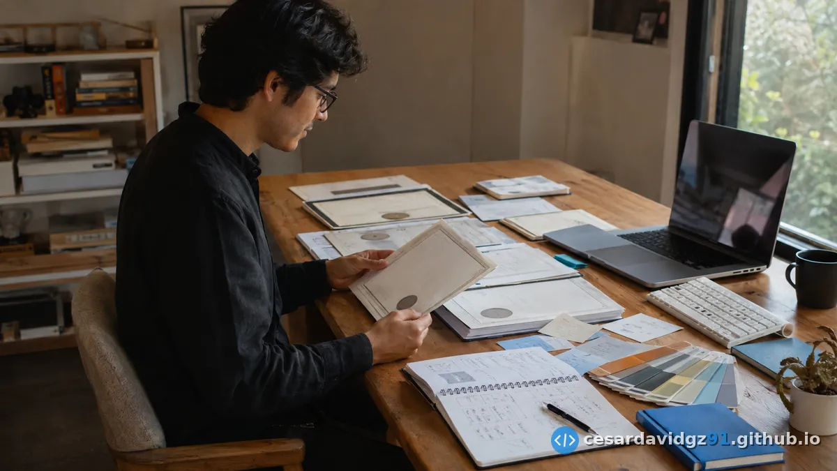 Alguien revisa certificados y cuadernos de apuntes sobre un escritorio de madera, con laptop, paleta de colores y notas dispersas alrededor.